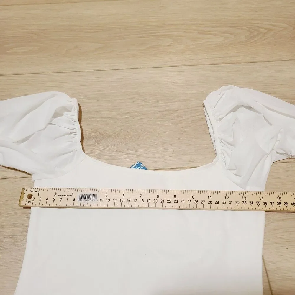 NEW Intimately Free People Shirt XS White Stretch Knit Puff Sleeve  Crop Top